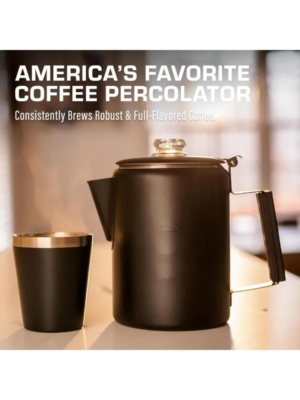 Sleek Black Percolator Coffee Pot - 9 Cup Camping Coffee Maker - No